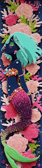 Free mermaid bookmark featuring a dark skin mermaid with pink floral accents